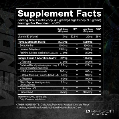 DRAGON PHARMA Venom Extreme Potency Pre-Workout - Laser Sharp Focus + Energy, Intense Performance, Proven Ingredients for Enhanced Vasodilation & Endurance (40 Servings)