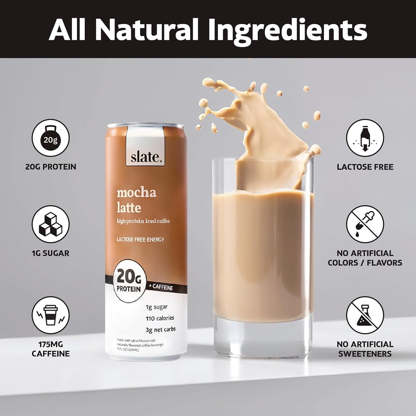 Slate Milk - High PROTEIN + ENERGY Iced Coffee - Caramel Latte, Mocha Latte, Vanilla Latte - 175mg Caffeine, Lactose Free - 20g Protein, 1g Sugar - 11 fl oz, 12 Cans