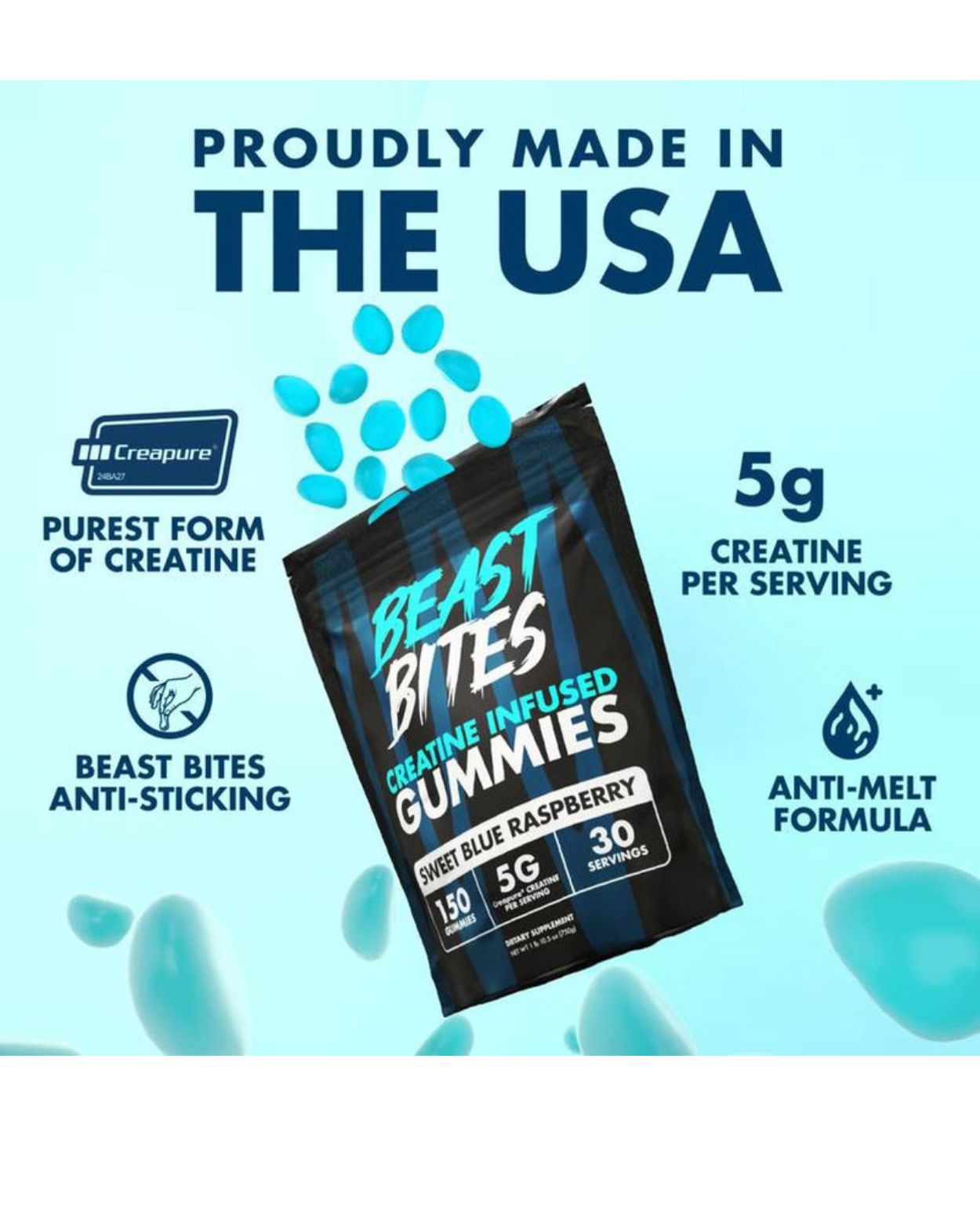 Blue Raspberry Creatine BEAST BITES Gummies | 5G Per Serving | 30 Vegan, Halal, Gluten-Free Beast Bites