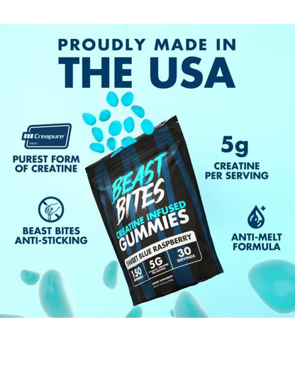 Blue Raspberry Creatine BEAST BITES Gummies | 5G Per Serving | 30 Vegan, Halal, Gluten-Free Beast Bites