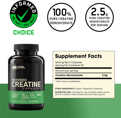 Micronized Creatine Monohydrate Capsules, 2500Mg, 100 Capsules