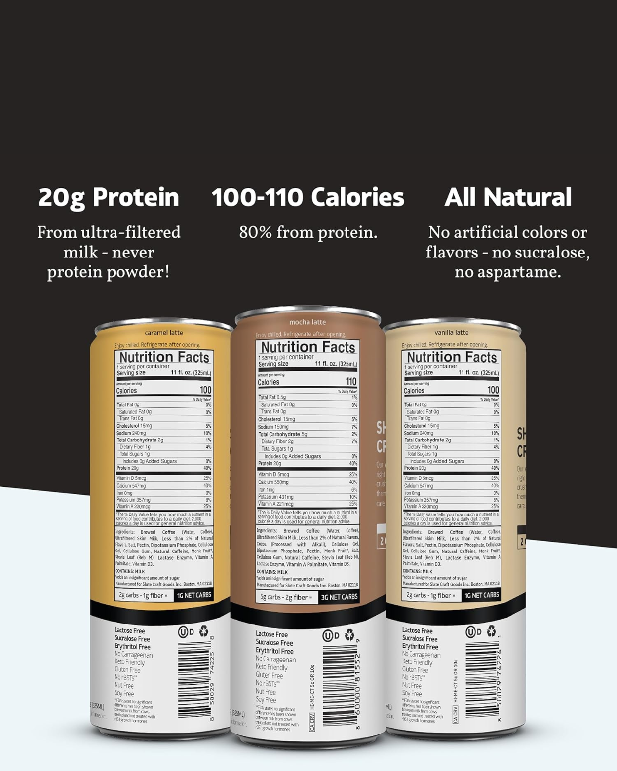 Slate Milk - High PROTEIN + ENERGY Iced Coffee - Caramel Latte, Mocha Latte, Vanilla Latte - 175mg Caffeine, Lactose Free - 20g Protein, 1g Sugar - 11 fl oz, 12 Cans