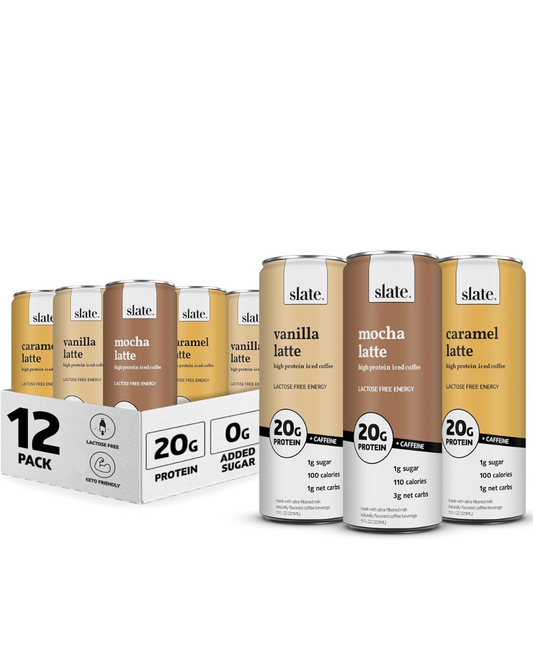 Slate Milk - High PROTEIN + ENERGY Iced Coffee - Caramel Latte, Mocha Latte, Vanilla Latte - 175mg Caffeine, Lactose Free - 20g Protein, 1g Sugar - 11 fl oz, 12 Cans