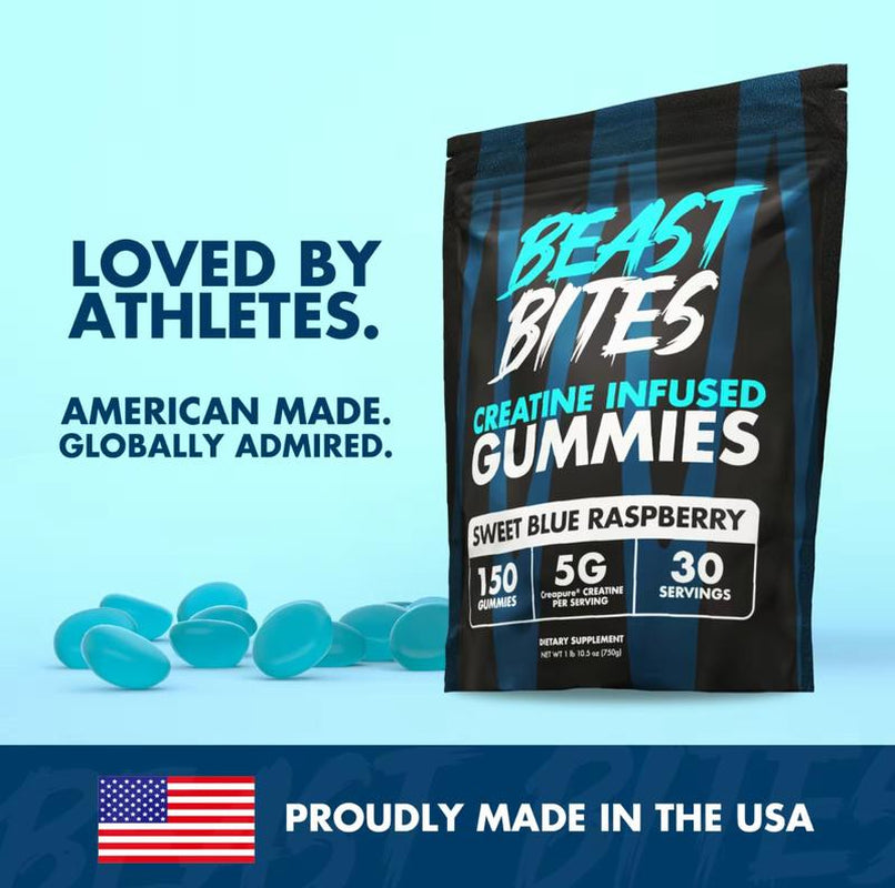 Blue Raspberry Creatine BEAST BITES Gummies | 5G Per Serving | 30 Vegan, Halal, Gluten-Free Beast Bites