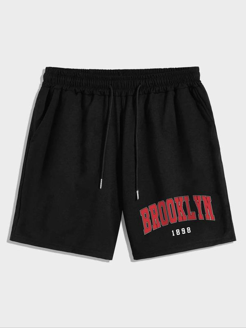 Men'S Letter Print Drawstring Waist Pocket Track Shorts, Summer Clothes, Regular Fit Personalized Casual Soft Comfy Straight Leg Shorts for Summer, Mens Clothing, Men'S Back to School Bottoms for Gym Workout Running, Menswear, Men Gifts, Mens Shorts