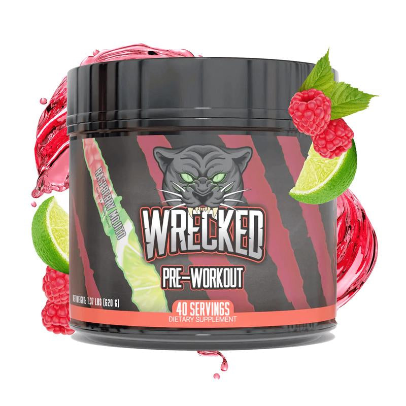 Wrecked Pre Workout Powder - 10g L-Citrulline, 6.4g Beta Alanine, 5g Tyrosine, 1g Alpha GPC, 375mg Fast-Acting Caffeine & More (40 Servings)