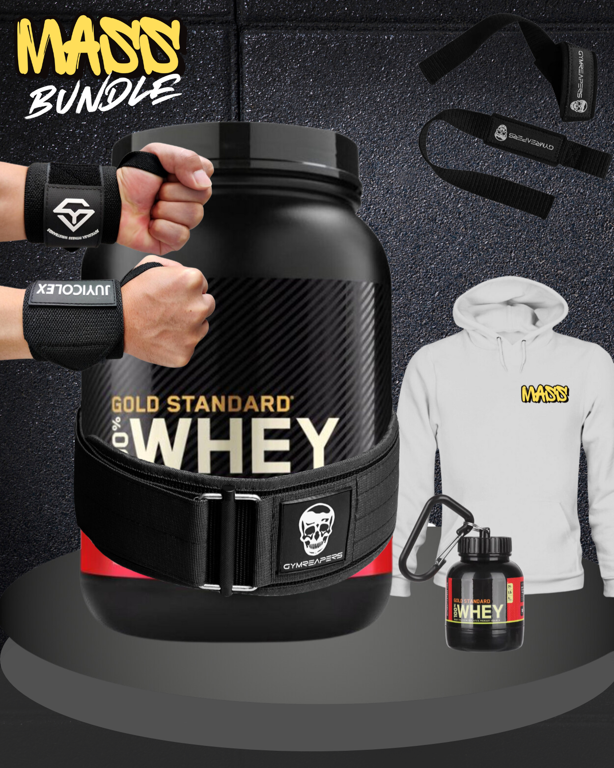 Starter Gear Pack - Gold Standard Whey Protein + Gymreapers Quick Locking Weightlifting Belt + Gymreapers Listing Straps + JUYICOLEX Wrist Wraps + MASS Monster Hoodie + Mini Keychain Protein Container