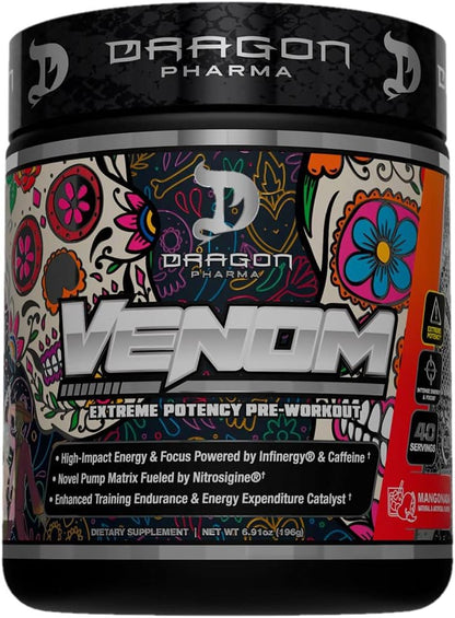 DRAGON PHARMA Venom Extreme Potency Pre-Workout - Laser Sharp Focus + Energy, Intense Performance, Proven Ingredients for Enhanced Vasodilation & Endurance (40 Servings)