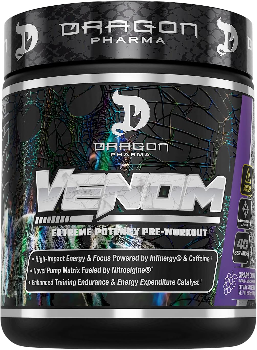 DRAGON PHARMA Venom Extreme Potency Pre-Workout - Laser Sharp Focus + Energy, Intense Performance, Proven Ingredients for Enhanced Vasodilation & Endurance (40 Servings)