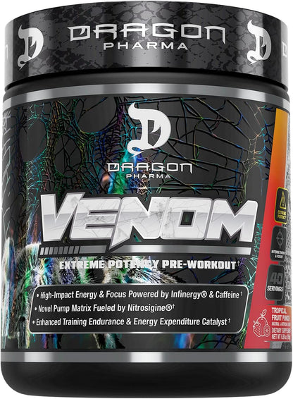 DRAGON PHARMA Venom Extreme Potency Pre-Workout - Laser Sharp Focus + Energy, Intense Performance, Proven Ingredients for Enhanced Vasodilation & Endurance (40 Servings)