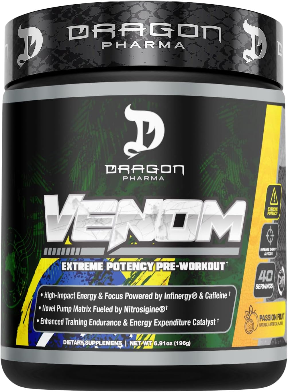 DRAGON PHARMA Venom Extreme Potency Pre-Workout - Laser Sharp Focus + Energy, Intense Performance, Proven Ingredients for Enhanced Vasodilation & Endurance (40 Servings)