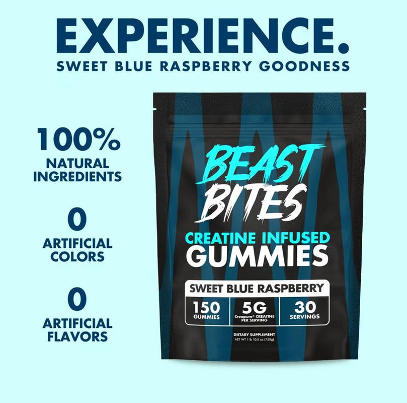 Blue Raspberry Creatine BEAST BITES Gummies | 5G Per Serving | 30 Vegan, Halal, Gluten-Free Beast Bites