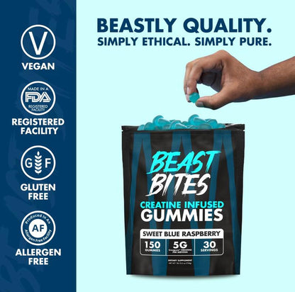 Blue Raspberry Creatine BEAST BITES Gummies | 5G Per Serving | 30 Vegan, Halal, Gluten-Free Beast Bites