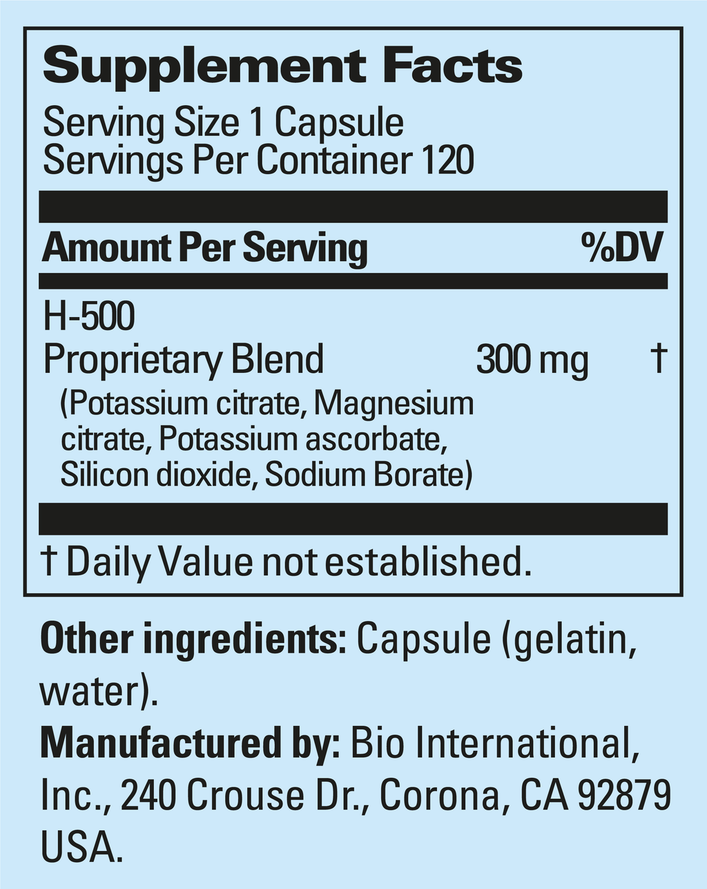 H-500 Supplement Facts label