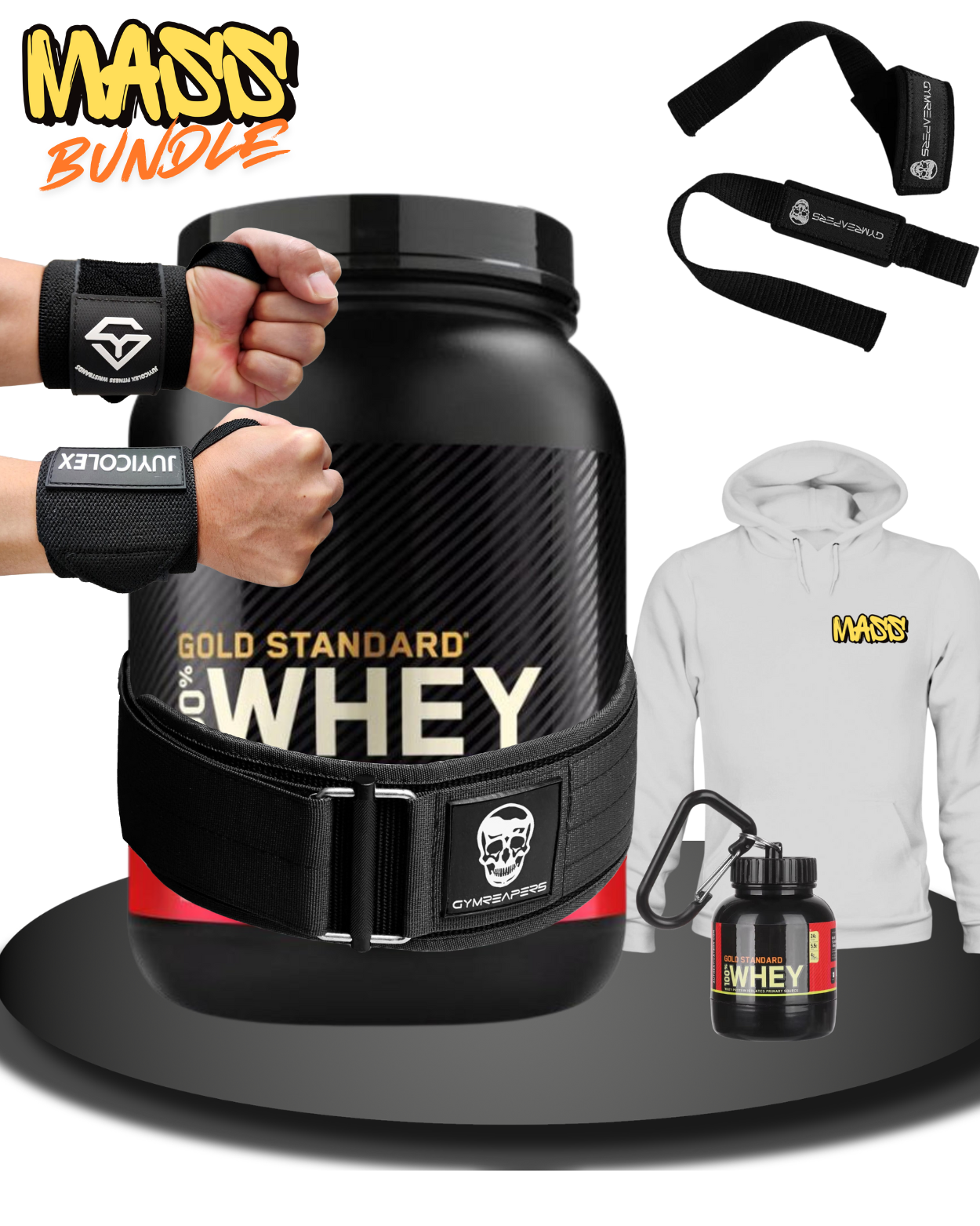 Starter Gear Pack - Gold Standard Whey Protein + Gymreapers Quick Locking Weightlifting Belt + Gymreapers Listing Straps + JUYICOLEX Wrist Wraps + MASS Monster Hoodie + Mini Keychain Protein Container